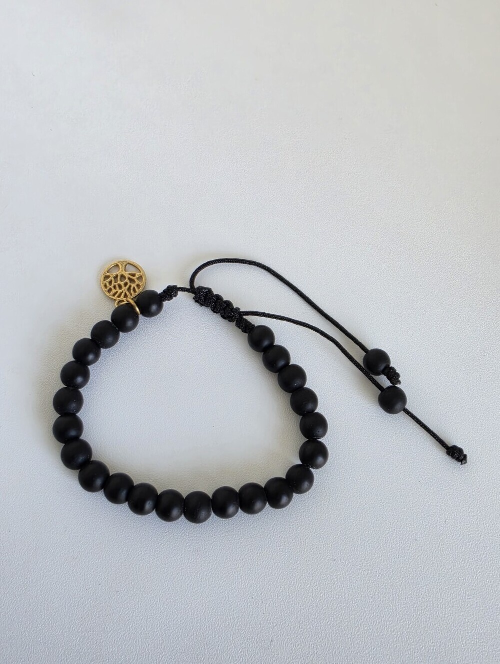 Black Onyx Adjustable Beaded Bracelet Tree of Life Charm Handmade Unisex